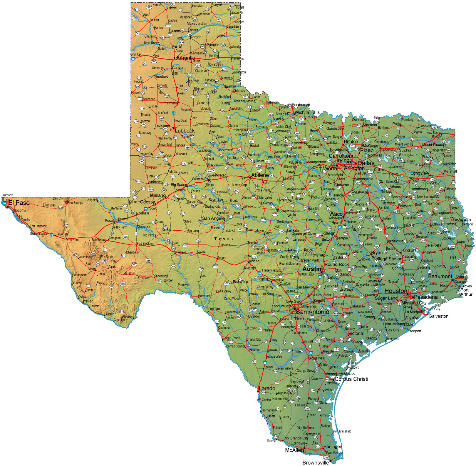Detailed Texas Map - TX Terrain Map